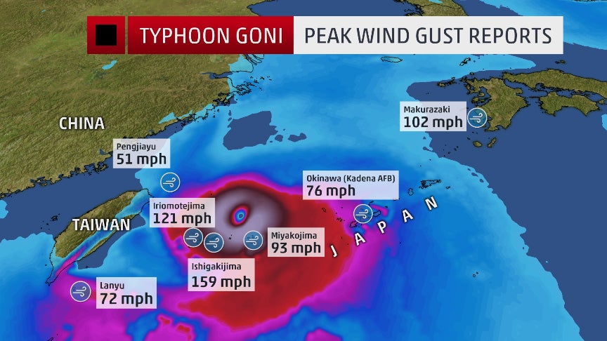 The shaded colors are approximate wind speeds. Blue mostly indicates tropical storm force winds, but the red and magenta shaded areas are experiencing much stronger gusts.
