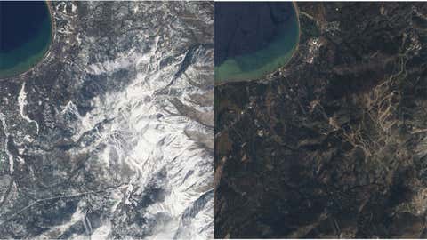 Lake Tahoe in August 2009 (left) and April 2010 (right). (NASA)