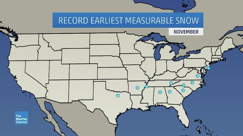 Cities whose record earliest measurable snow occurred in November.