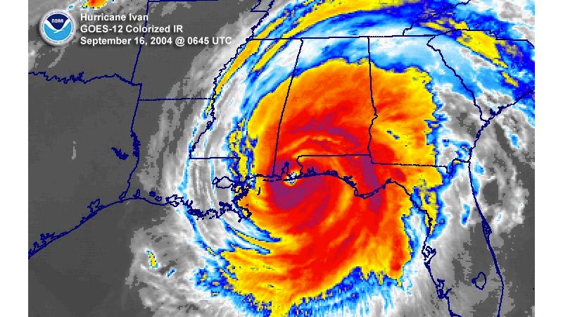 An infrared satellite image of Hurricane Ivan shortly after landfall.