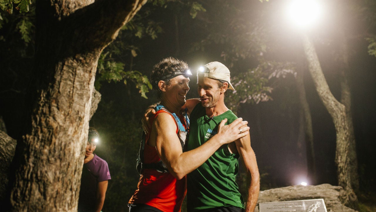 Karl Meltzer, right, was congratulated by Scott Jurek, after breaking Jurek&rsquo;s record for running the length of the Appalachian Trail.