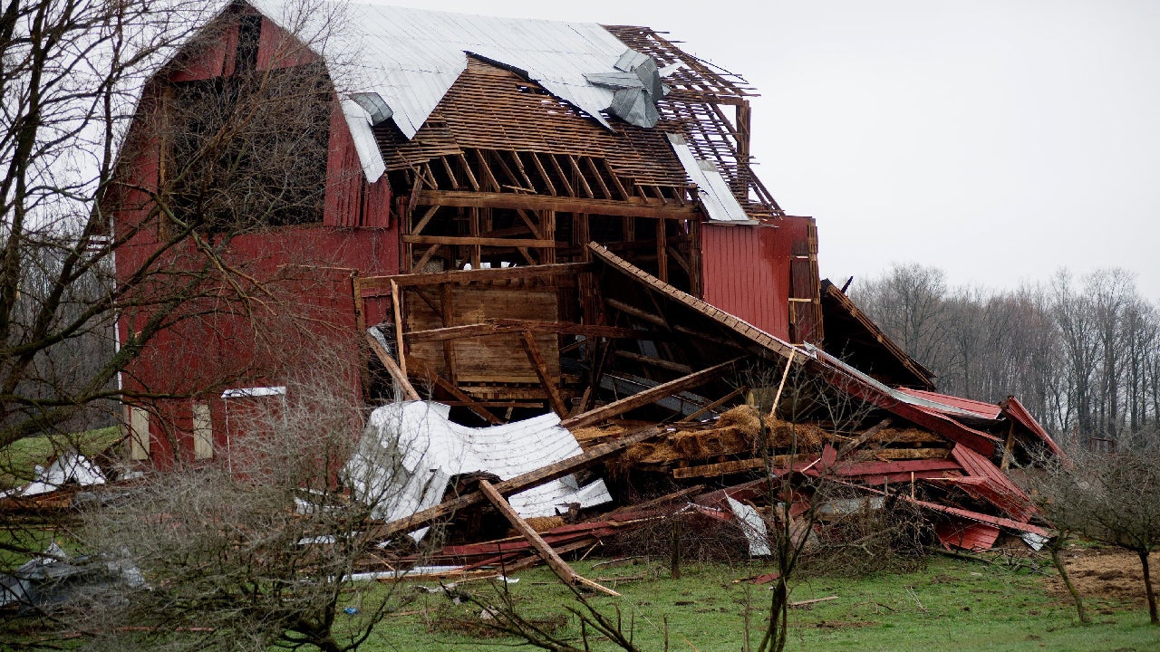 Severe weather damage is seen off 92nd Street between Wingeier Avenue and Hastings Road in Alto, Michigan, on Tuesday, April 11, 2017. (Neil Blake/The Grand Rapids Press via AP)