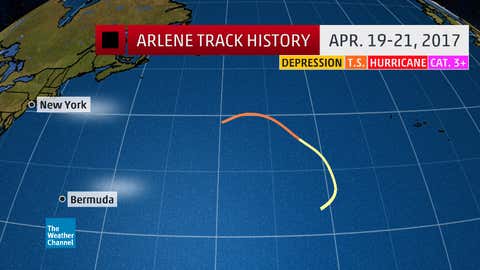 Track history of Tropical Storm Arlene from April 19-21, 2017.