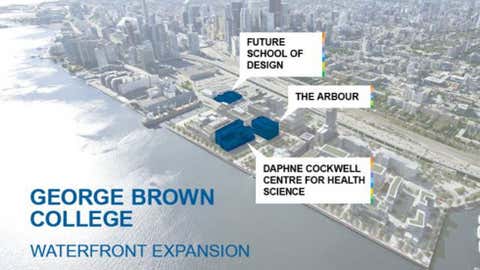 A map of George Brown College's Waterfront Campus, including the future 12-storey wood building, The Arbour. HANDOUT/George Brown College