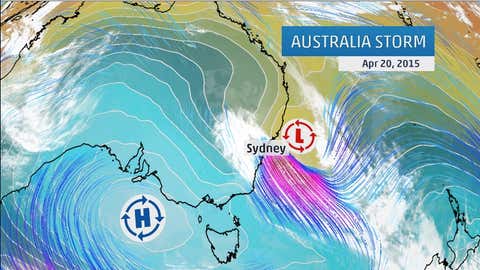 Surface pressure (color contours), infrared satellite, and surface winds of the New South Wales, Australia storm on April 20, 2015. Purple streamlines show areas of strongest onshore winds into Sydney.