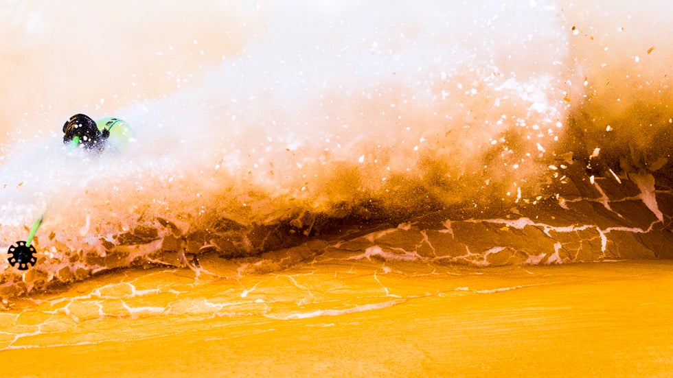 Mammut pro freeriders Nicolas and Loris Falquet and Jeremie Heitz ski on colored snow in Les Marecottes, Switzerland. (Jeremy Bernard and Mammut)