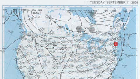 Weather map from 7 a.m. ET, September 11, 2001. New York City is indicated by the red square. (NOAA)