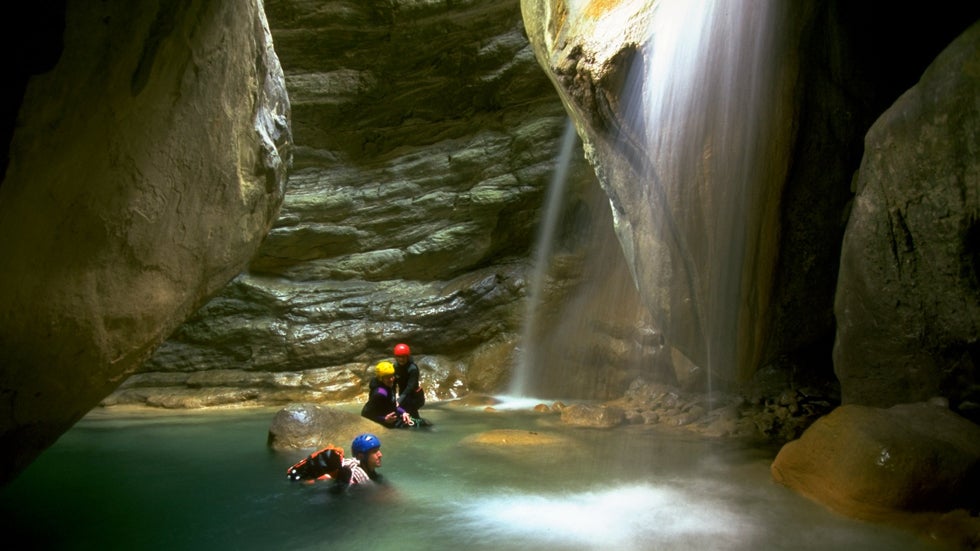 9 Sep 1999: Canyoning in the Alpes Maritimes in the Provence-Alpes region of France. (Pascal Rondeau/Allsport/Getty Images)