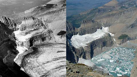 A side-by-side comparison of Grinnell Glacier in Montana's Glacier National Park. The black-and-white photo on the left dates from 1938, while the color photo on the right was taken in 2009. (T.J. Hileman and Lindsey Bengtson, USGS)