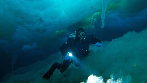 Scripps geologist Hubert Staudigel carefully explores the delicate brinicles of Antarctica. (US Antarctic Program/Rob Robbins)