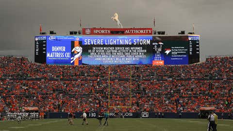 Players are called off the field during a lightning delay during preseason action between the Denver Broncos and the Seattle Seahawks at Sports Authority Field at Mile High on August 7, 2014 in Denver, Colorado. (Photo by Doug Pensinger/Getty Images)