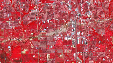 The damage scar left by the EF5 tornado that struck Moore, Okla, on May 20, 2013, as seen by the Advanced Spaceborne Thermal Emission and Reflection Radiometer (ASTER) on NASA's Terra satellite on June 2, 2013