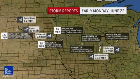 Selected wind and damage reports from the derecho that ripped across the Upper Midwest in the early morning hours of Monday, June 22, 2015.