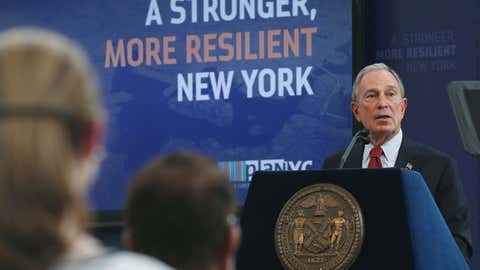 NYC Mayor Michael Bloomberg delivers remarks in the Duggal Greenhouse at the Brooklyn Navy Yard about the city's long-term plan to prepare for climate change impacts on June 11, 2013 in New York City. The $20 billion storm protection package details a large network of levees, flood walls and other protections from the rising sea level threat.