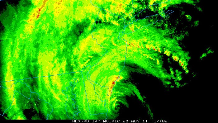 A radar image from early on the morning of Aug. 28, 2011, as the center of Irene was located just to the east of Delaware.