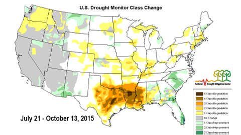 Change in the drought monitor analysis from July 21, 2015 to October 13, 2015. Deeper brown contours correspond to greater changes in drought severity. (USDA/NDMC/NOAA)