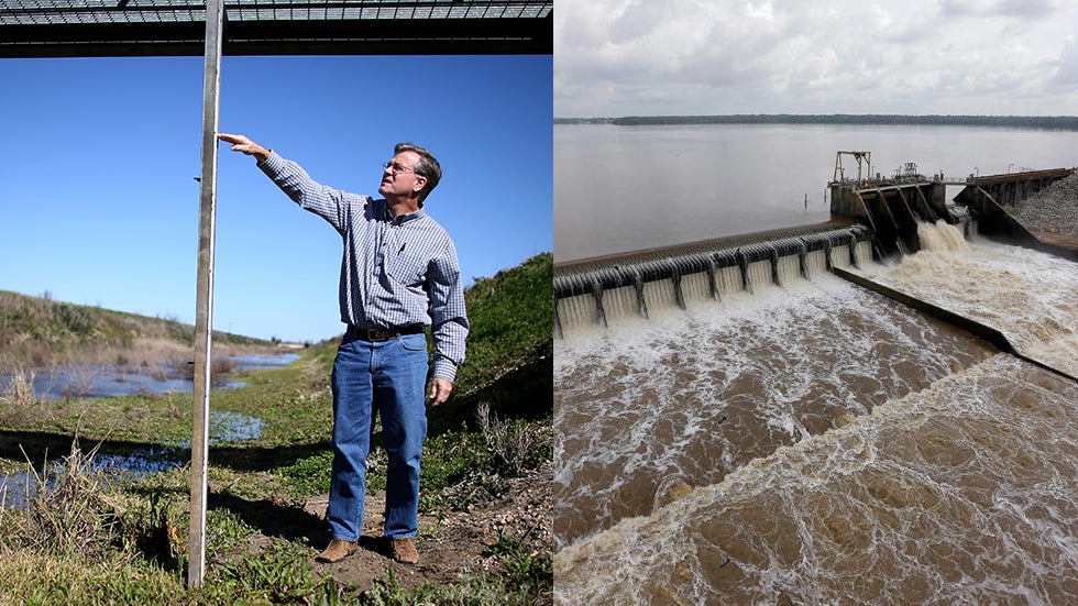 (Left) Ronald Gertson, a fourth generation rice farmer, shows where the level of water should be on a measuring stick in an irrigation canal as he deals with trying to grow rice during the severe drought on March 12, 2014 in Lissie, Texas. (Right) Water flows over the spillway from Lake Houston into the San Jacinto River Saturday, May 30, 2015, in Houston. (Joe Raedle - Getty Images/AP Photo - David J. Phillip)