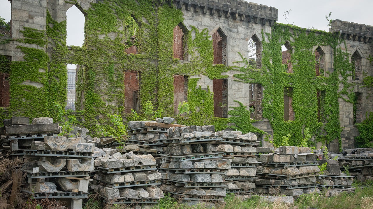 Smallpox Hospital looks like an abandoned castle. It is located on Blackwell's Island, which is now known as Roosevelt Island, in New York, N.Y. 