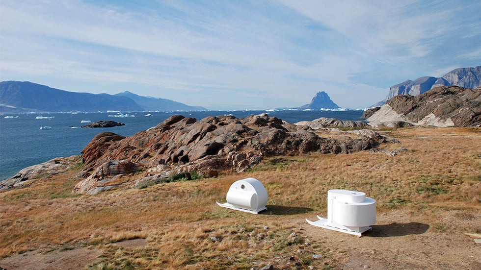 The sled homes can be towed by dogs or snowmobiles across the icy terrain. (Image: Rob Sweere)
