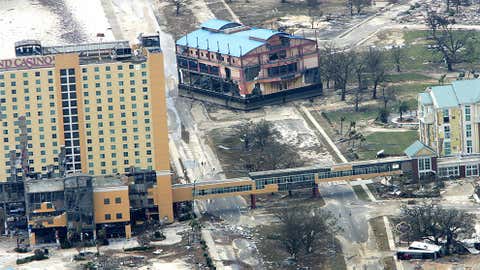 The Kids Quest building sits in the middle of the route 90 next to the Grand Casino 30 August 2005 in Gulfport, Mississippi. Credit: PAUL J.RICHARDS/AFP/Getty Images