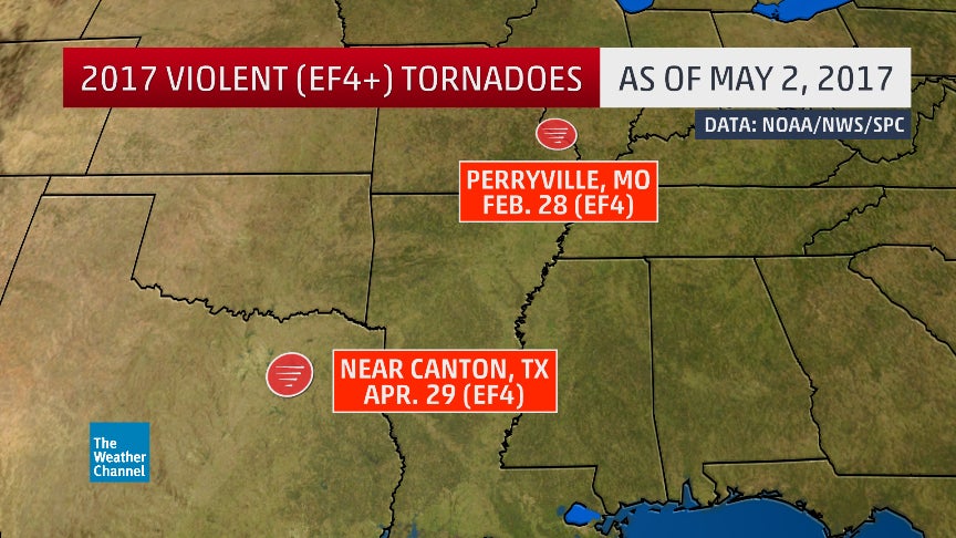 Locations of only two EF4 (or stronger, since no EF5) tornadoes in 2017-to-date, through April 29, 2017.