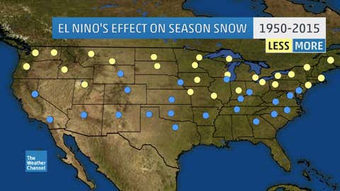 Is your season's snow less or more during El Niño? Yellow/blue dots indicate locations that, based on National Weather Service data since 1950, see less/more snow during El Niño seasons, respectively.