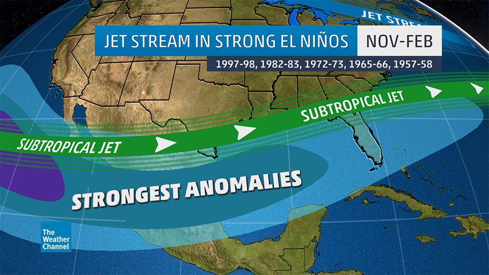 Typical location of subtropical jet stream from November through February and greatest vector wind anomalies during five previous strong El Ni&ntilde;os. (NOAA/ESRL Physical Sciences Division)
