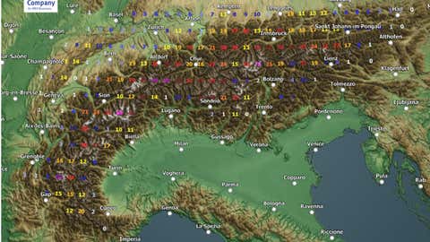 Anticipated Europe snowfall accumulation in cms