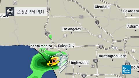 Radar and lightning data showed a rare thunderstorm near Marina del Ray and Los Angeles International Airport at 2:52 p.m. PDT, Sunday, July 27, 2014.