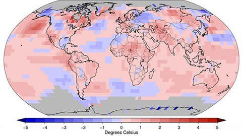 Land and ocean temperature departures (in degrees Celsius) in July 2014, relative to 1981-2010 average temperature. (NOAA/NCDC)