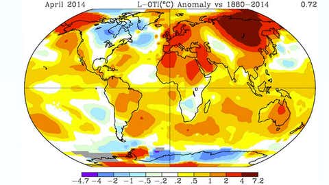 April 2014 global temperature anomalies (degrees C). Warmest/coolest anomalies shown by darkest red/blue shading. (NASA/GISS)