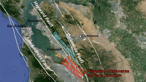 The red line indicates the newly discovered link between the southern end of the Hayward Fault and the Calaveras Fault, once thought to be independent systems. (Estelle Chaussard/UC Berkeley)