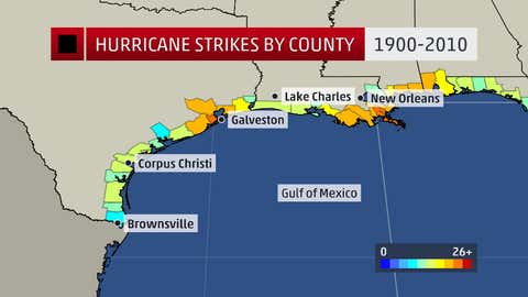 Hurricane strikes by county or parish from 1900-2010 along the western Gulf coast.