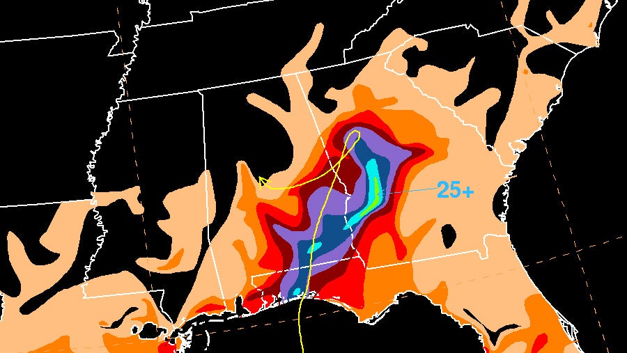 A graphic showing the total rainfall associated with Tropical Storm Alberto in inches.