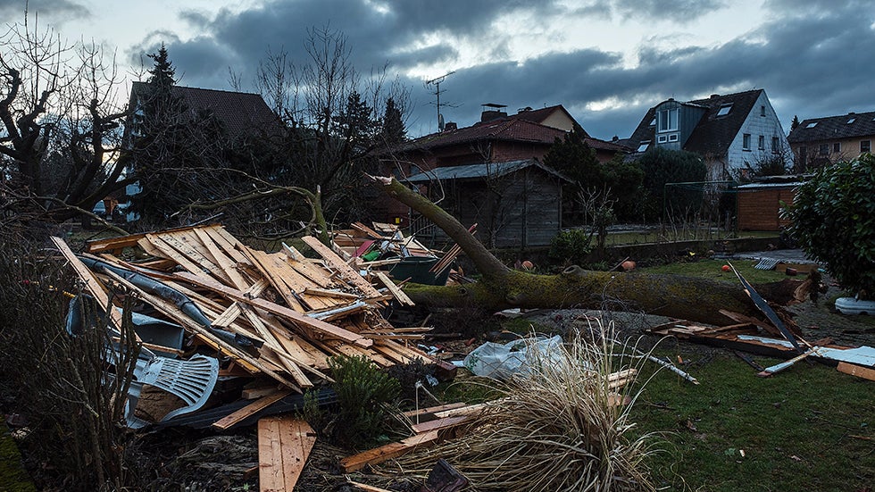 A destroyed garden shed and an uprooted tree seen in Kuernach, Germany, 10 March 2017. A tornado hit the previous day causing damage to several houses and sheds. Nobody was injured. Photo by: Nicolas Armer/picture-alliance/dpa/AP Images