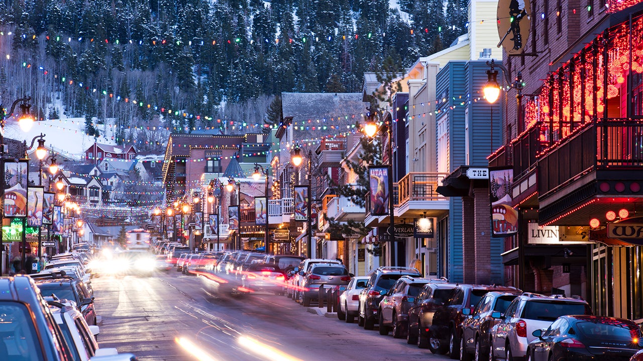 Long exposure of cars driving down Main St. in Park City, Utah.