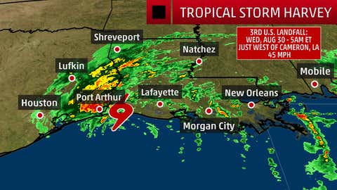 Tropical Storm Harvey final landfall around 4am CT, August 30, 2017, near Cameron, Louisiana.