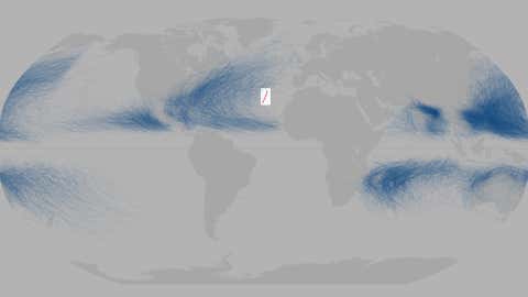 Tracks of all global known global tropical cyclones from 1842 through January 2016. The track of Hurricane Alex in January 2016 is highlighted. (NASA/Joshua Stevens)