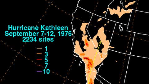 Observed rainfall associated with Hurricane Kathleen and its remnant moisture, in inches.