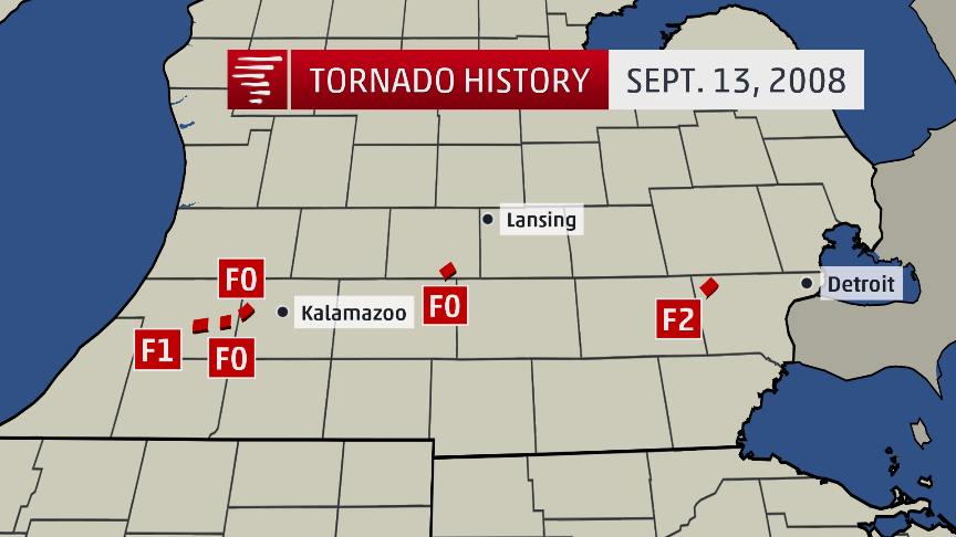 A graphic showing confirmed tornadoes in Michigan, related to Hurricane Ike.