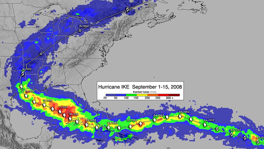 Satellite-derived total rainfall attributed to Hurricane Ike via NASA's Tropical Rainfall Measuring Mission (TRMM).