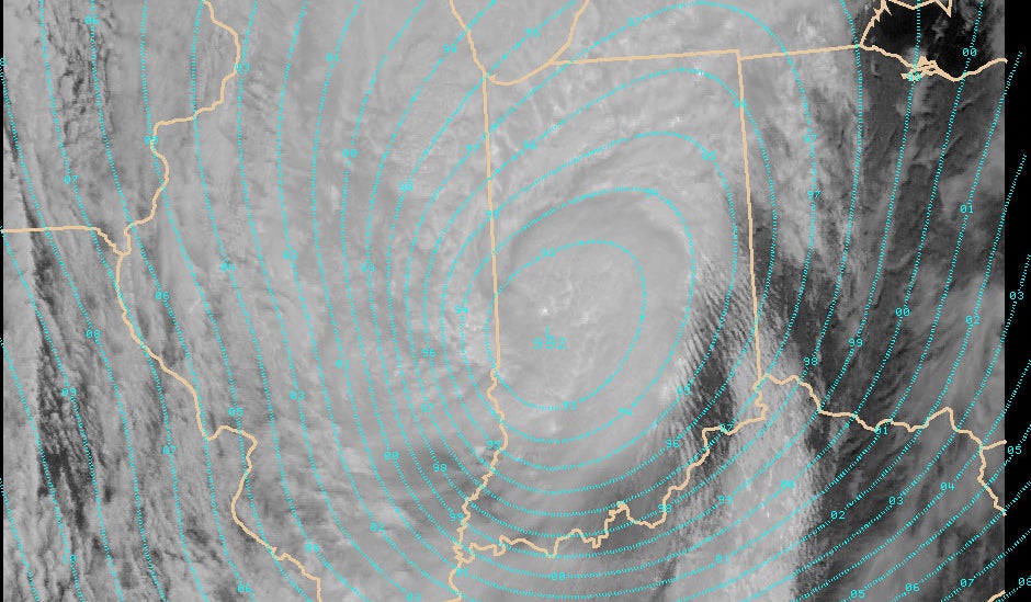 A satellite image from midday on Sept. 14, 2008, showing the low pressure system associated with Ike passing through Indiana.