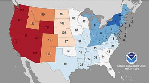 Statewide temperature rankings in the January-March 2015 period relative to previous January-March periods dating to 1895. States in darkest blue had a record cold Jan-Mar period, while those in darkest red experienced a record warm such period. (NOAA/NCDC)