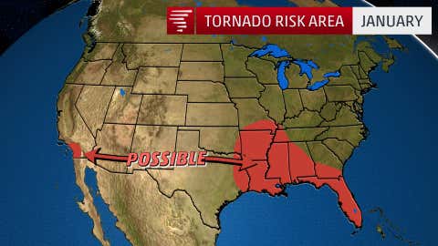 The 1991-2015 average number of January tornadoes in the U.S. is 36. (USTornadoes.com)