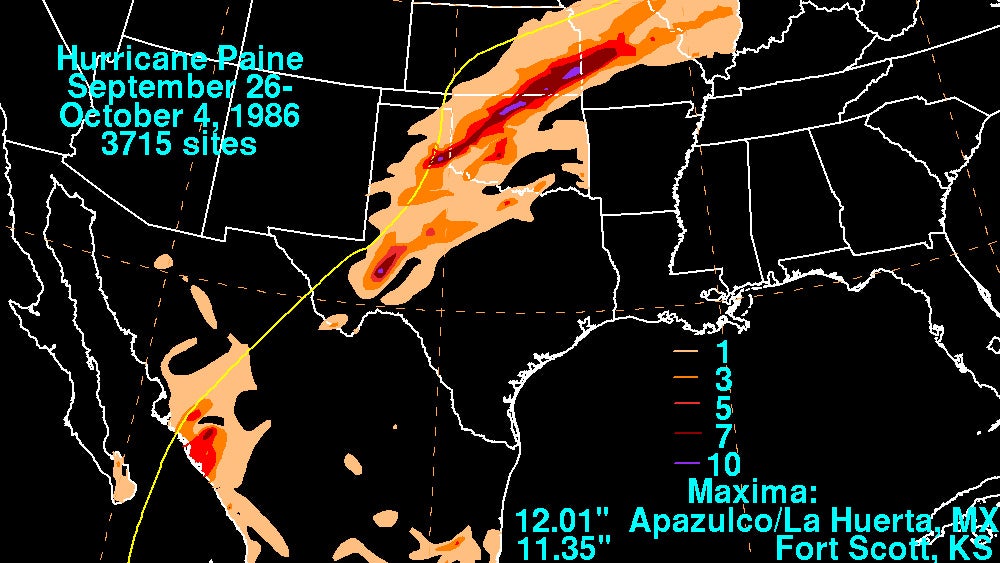 Sept. 26-Oct. 4, 1986 rainfall amounts associated with Hurricane Paine.