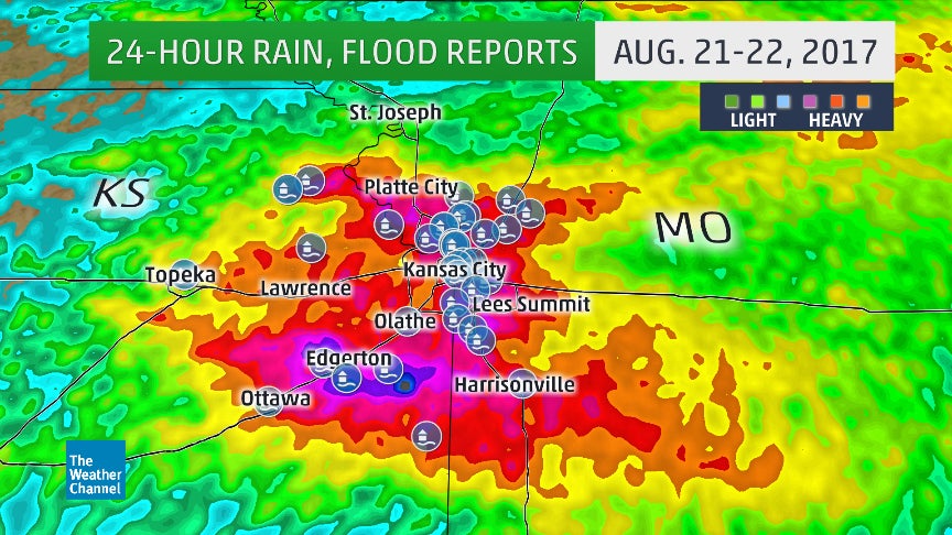 Radar-estimated 24-hour rainfall over the Kansas City metro area ending 5 a.m. EDT August 22, 2017. The metro picked up two rounds of torrential rain on August 21 and during the early morning hours of August 22. 