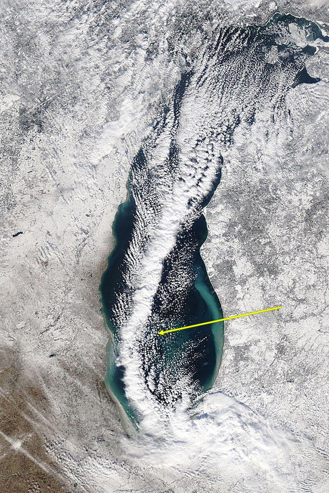 Lake-effect snowband responsible for the snowiest day on record in South Bend, Indiana, on January 8, 2011. (NASA)