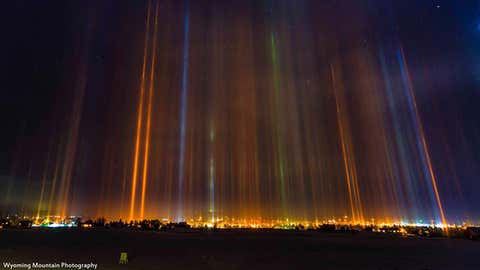 Light pillars visible over Pinedale, Wyoming, on January 24, 2017. (David J. Bell/Wyoming Mountain Photography)