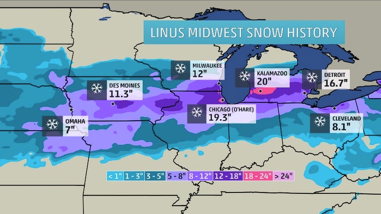 Plotted snow amounts are snow totals from Linus in the Midwest through Feb. 2, 2015. The contours on the map are estimates of snowfall across the region.