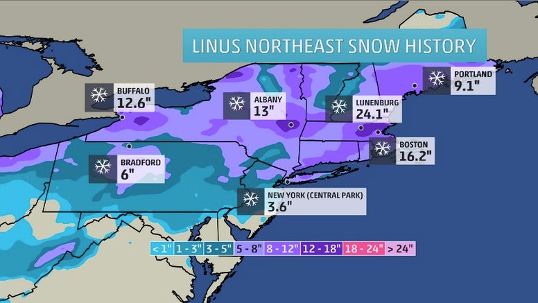 Plotted snow amounts are snow totals from Linus in the Northeast. The contours on the map are estimates of snowfall across the region.